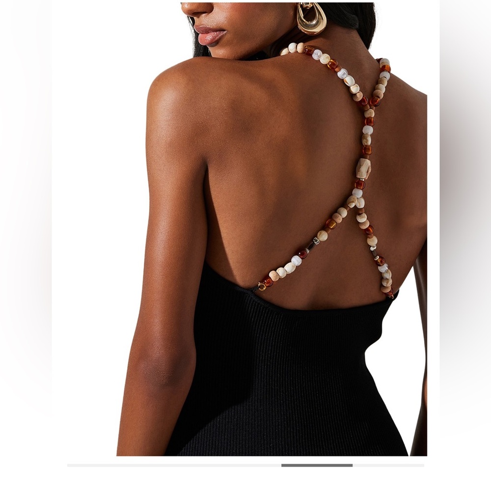 Astr Black Ribbed Halter Dress with Beaded Details and Side Slit - Picture 3 of 7